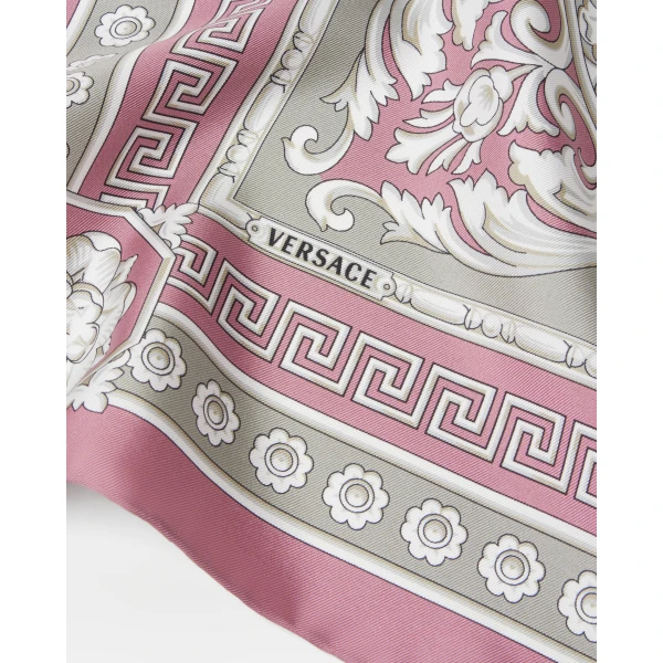 Versace Printed Silk Twill Scarf in Grey and Pink, view 3 | Scarves