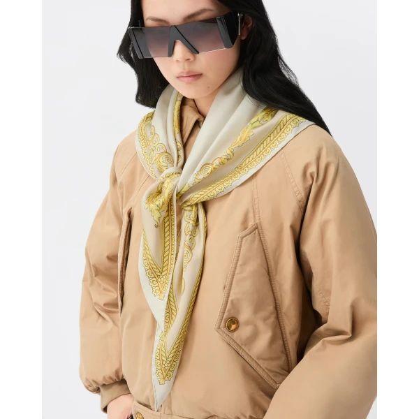 Versace Printed Silk Twill Scarf in White and Gold, view 2 | Scarves