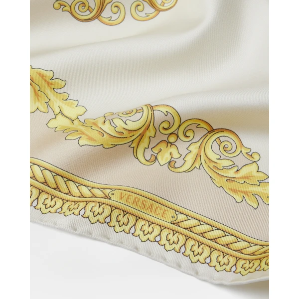 Versace Printed Silk Twill Scarf in White and Gold, view 3 | Scarves