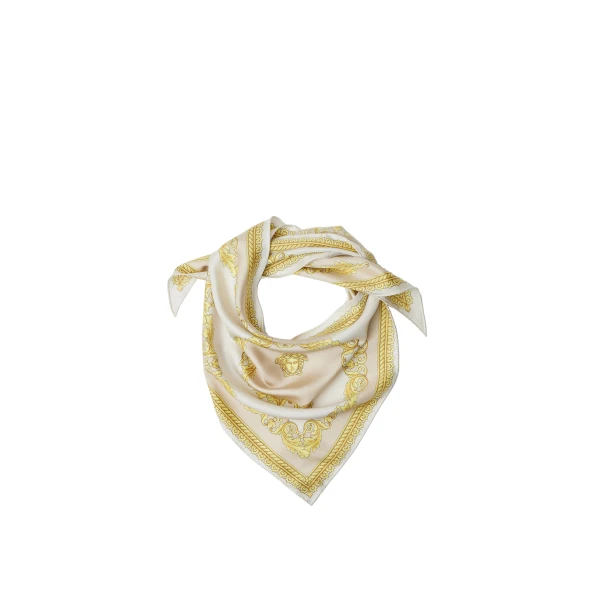 Versace Printed Silk Twill Scarf in White and Gold | Scarves | Coveti
