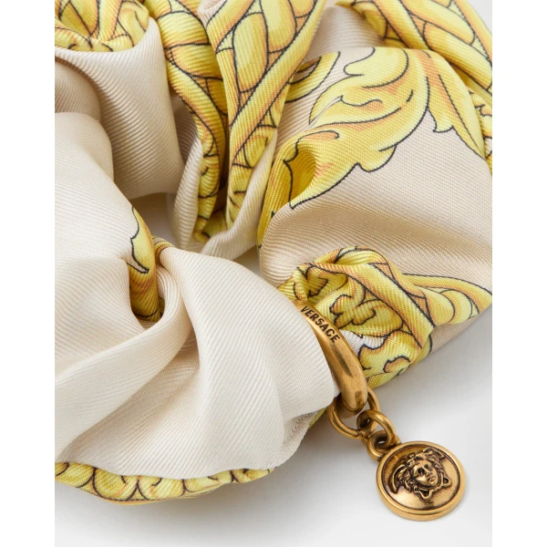 Versace Printed Silk Twill Scrunchie in White and Gold, view 2 | Hair Accessories