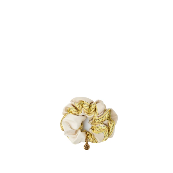Versace Printed Silk Twill Scrunchie in White and Gold | Hair Accessories | Coveti