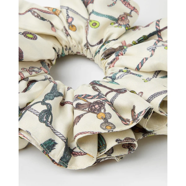 Versace Printed Silk Twill Scrunchie in White and Hangin' Out Print, view 2 | Hair Accessories