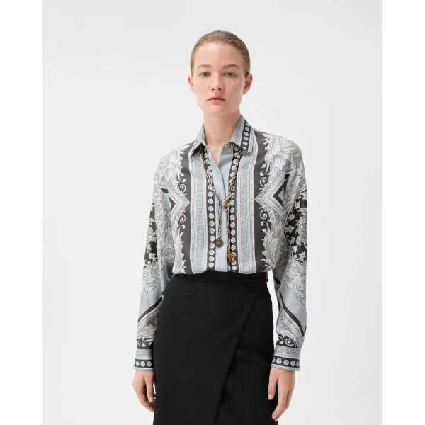 Versace Printed Silk Twill Shirt in Grey and Black, view 2 | Shirts