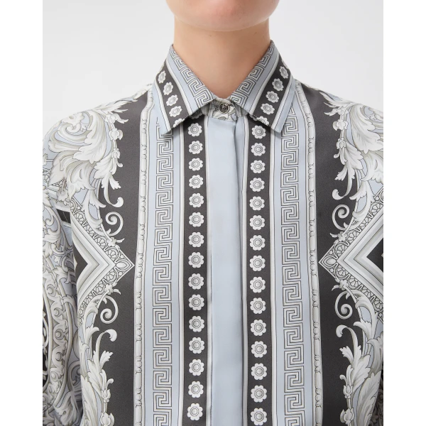 Versace Printed Silk Twill Shirt in Grey and Black, view 5 | Shirts