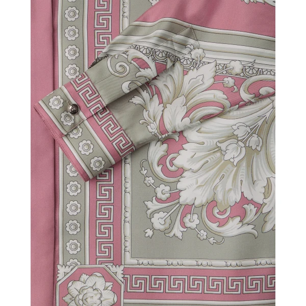 Versace Printed Silk Twill Shirt in Grey and Pink, view 4 | Shirts