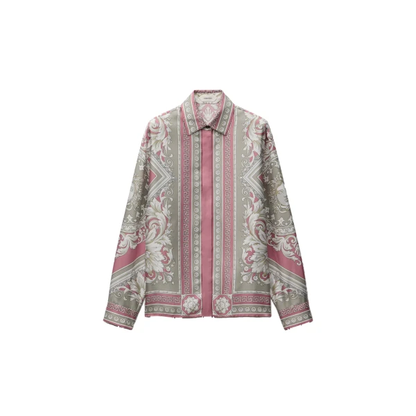 Printed Silk Twill Shirt in Grey and Pink