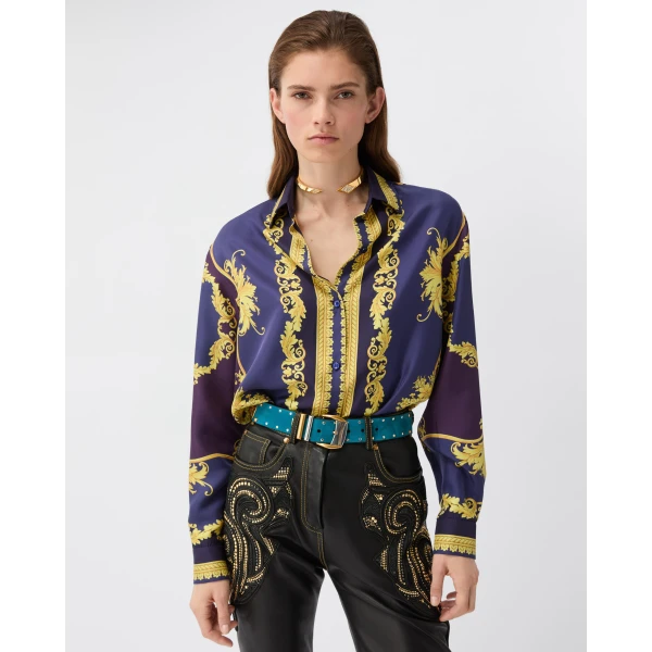 Versace Printed Silk Twill Shirt in Purple and Gold, view 2 | Shirts