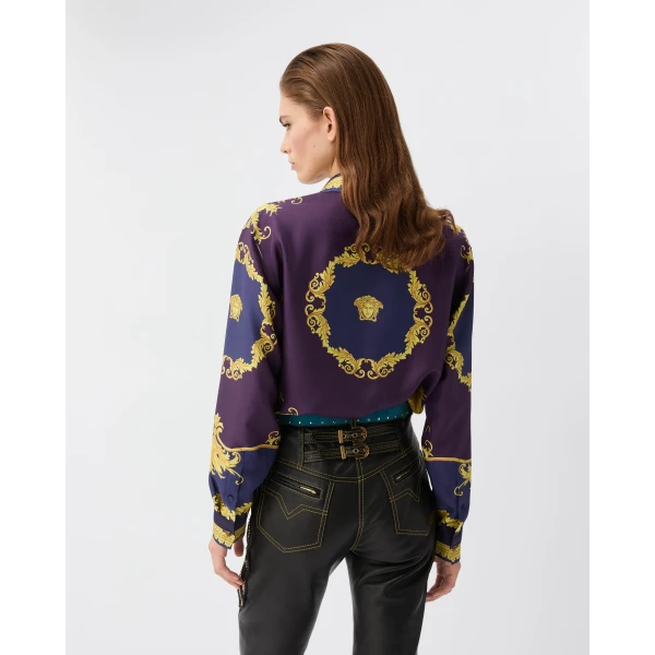 Versace Printed Silk Twill Shirt in Purple and Gold, view 3 | Shirts