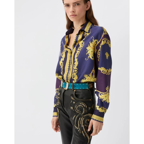 Versace Printed Silk Twill Shirt in Purple and Gold, view 4 | Shirts
