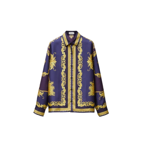Printed Silk Twill Shirt in Purple and Gold