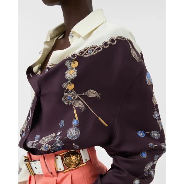 Versace Printed Silk Twill Shirt in Purple and White, view 5 | Shirts