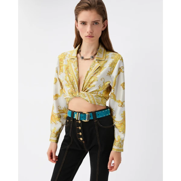 Versace Printed Silk Twill Shirt in White and Gold, view 2 | Shirts