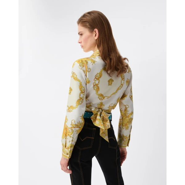 Versace Printed Silk Twill Shirt in White and Gold, view 3 | Shirts