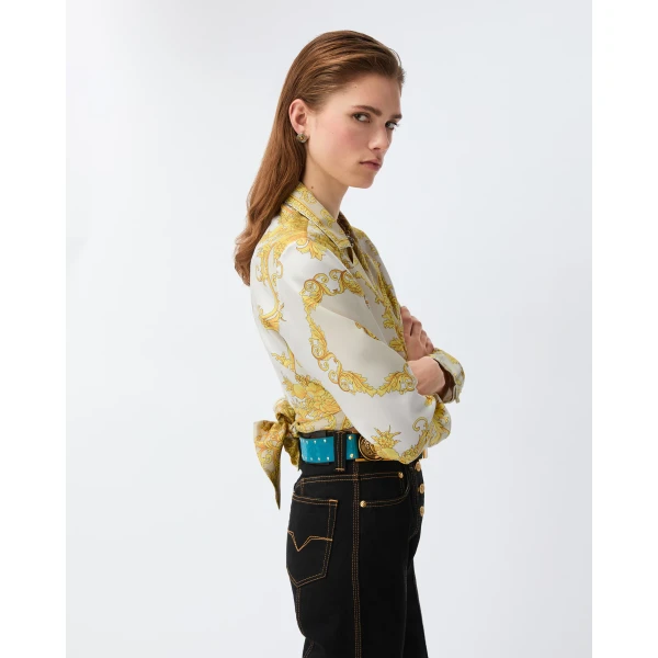 Versace Printed Silk Twill Shirt in White and Gold, view 4 | Shirts