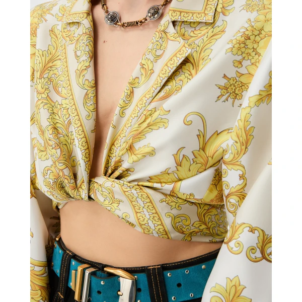 Versace Printed Silk Twill Shirt in White and Gold, view 5 | Shirts