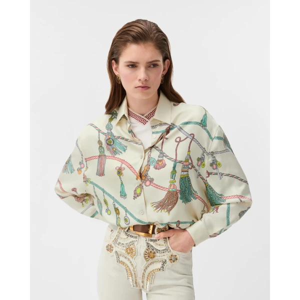 Versace Printed Silk Twill Shirt in White and Hanging' Out Print, view 2 | Shirts