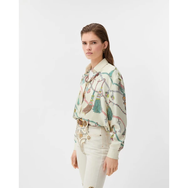 Versace Printed Silk Twill Shirt in White and Hanging' Out Print, view 4 | Shirts