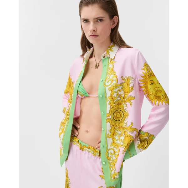 Versace Printed Silk Twill Shirt in Yellow and Pink, view 2 | Shirts