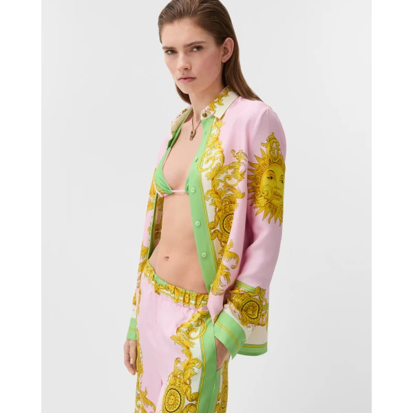 Versace Printed Silk Twill Shirt in Yellow and Pink, view 4 | Shirts