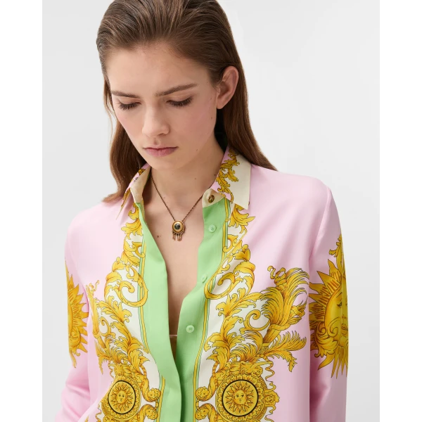 Versace Printed Silk Twill Shirt in Yellow and Pink, view 5 | Shirts