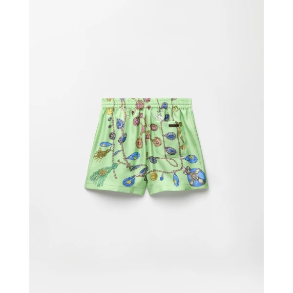 Versace Printed Silk Twill Shorts in Green, view 3 | Shorts