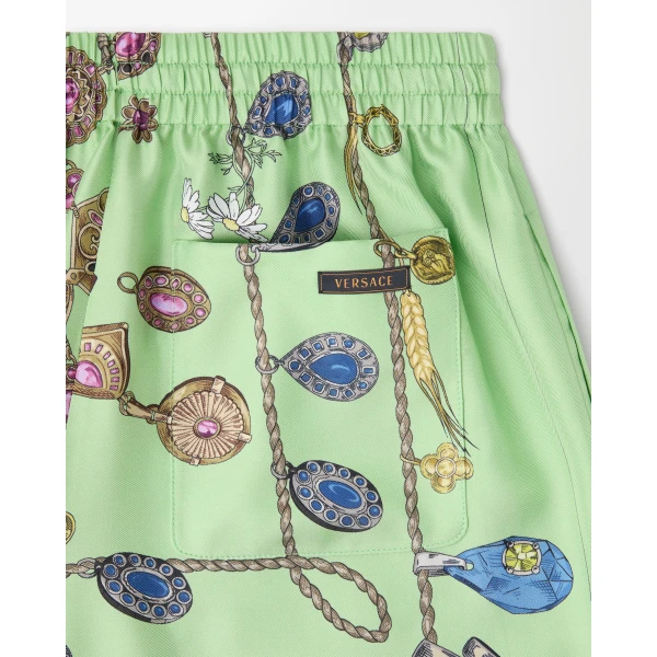 Versace Printed Silk Twill Shorts in Green, view 4 | Shorts