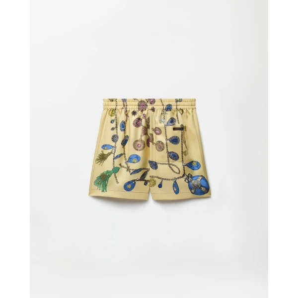 Versace Printed Silk Twill Shorts in Yellow, view 3 | Shorts