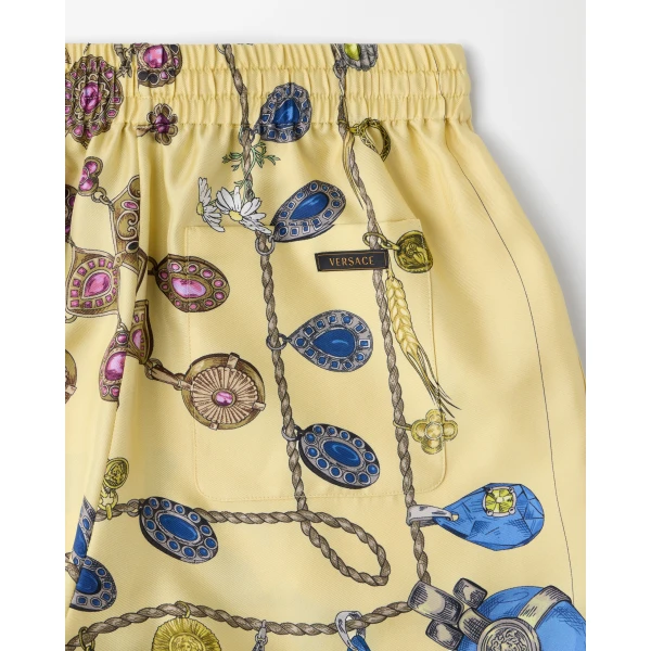 Versace Printed Silk Twill Shorts in Yellow, view 4 | Shorts