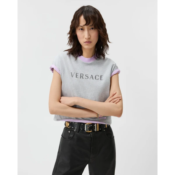Versace Printed Stretch Cotton-Jersey T-Shirt in Grey and Lilac, view 2 | T-shirts