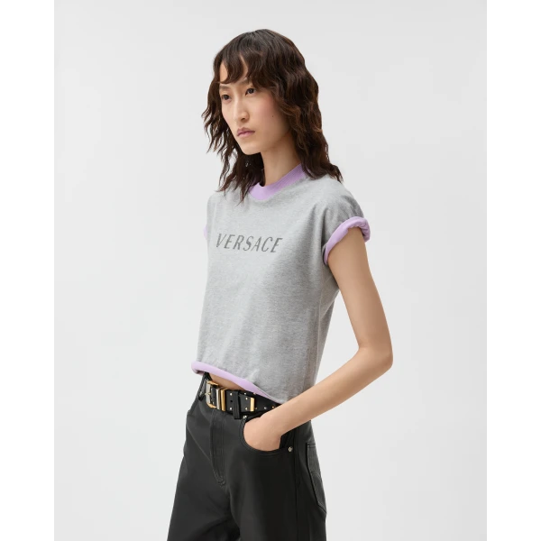 Versace Printed Stretch Cotton-Jersey T-Shirt in Grey and Lilac, view 4 | T-shirts