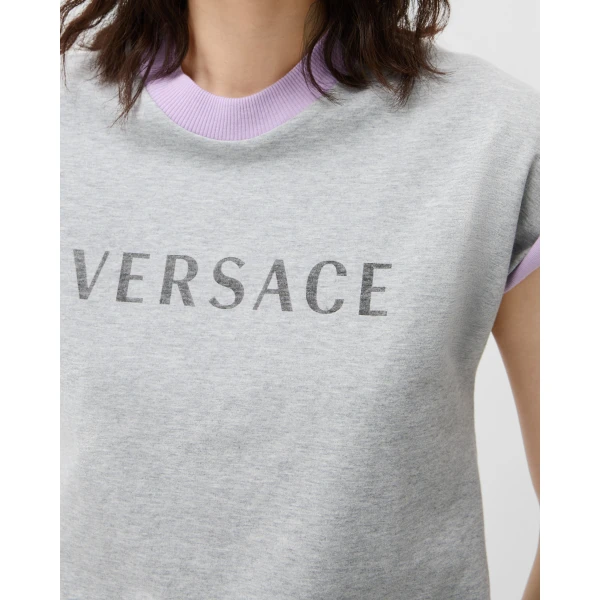 Versace Printed Stretch Cotton-Jersey T-Shirt in Grey and Lilac, view 5 | T-shirts