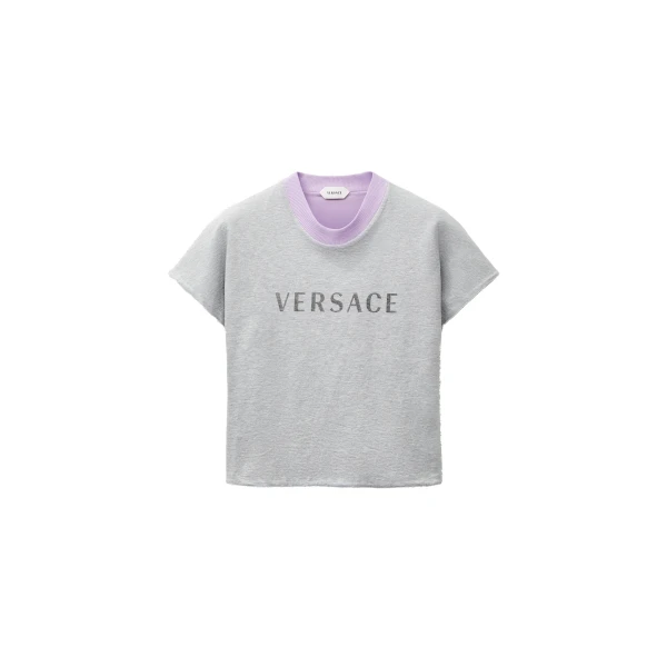 Versace Printed Stretch Cotton-Jersey T-Shirt in Grey and Lilac | T-shirts | Coveti