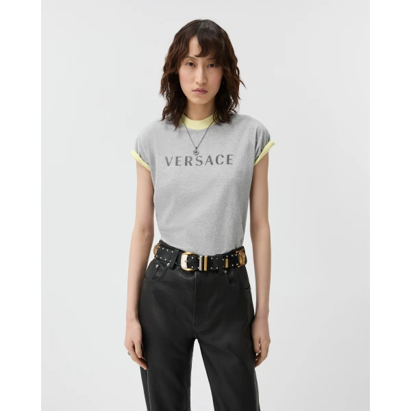 Versace Printed Stretch Cotton-Jersey T-Shirt in Grey and Yellow, view 2 | T-shirts