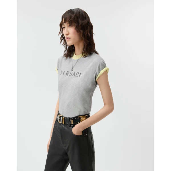 Versace Printed Stretch Cotton-Jersey T-Shirt in Grey and Yellow, view 4 | T-shirts