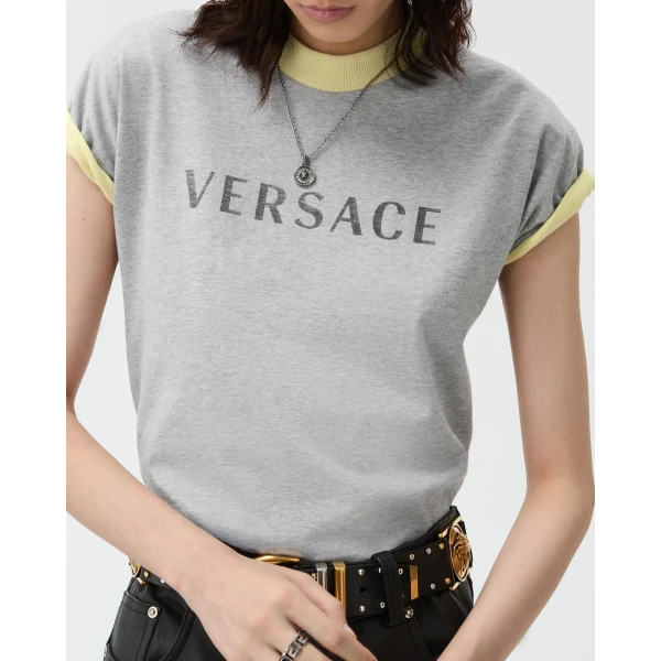 Versace Printed Stretch Cotton-Jersey T-Shirt in Grey and Yellow, view 5 | T-shirts