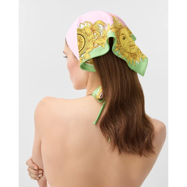 Versace Printed Twill Bandana in Yellow and Pink, view 2 | Scarves