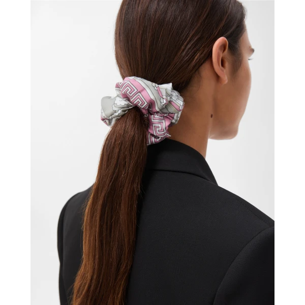 Versace Printed Twill Scrunchie in Grey and Pink, view 2 | Hair Accessories