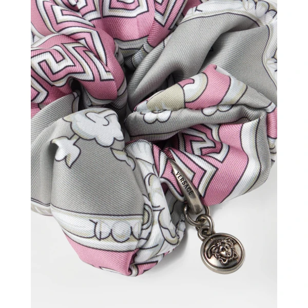 Versace Printed Twill Scrunchie in Grey and Pink, view 3 | Hair Accessories