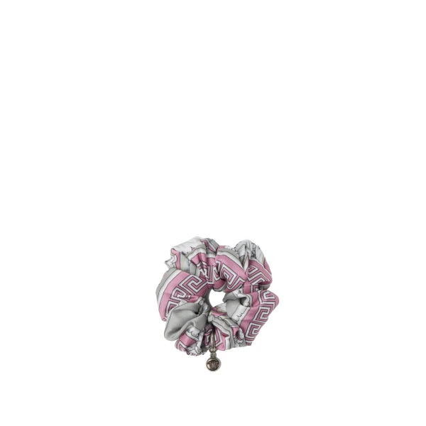 Versace Printed Twill Scrunchie in Grey and Pink | Hair Accessories | Coveti