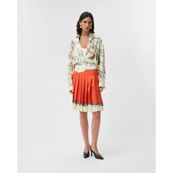 Versace Printed Twill Silk Midi Skirt in Orange, view 2 | Midi Skirts