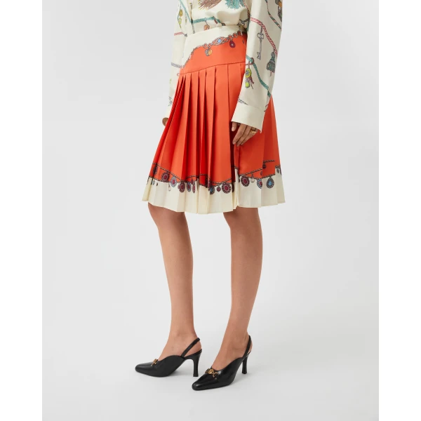 Versace Printed Twill Silk Midi Skirt in Orange, view 4 | Midi Skirts