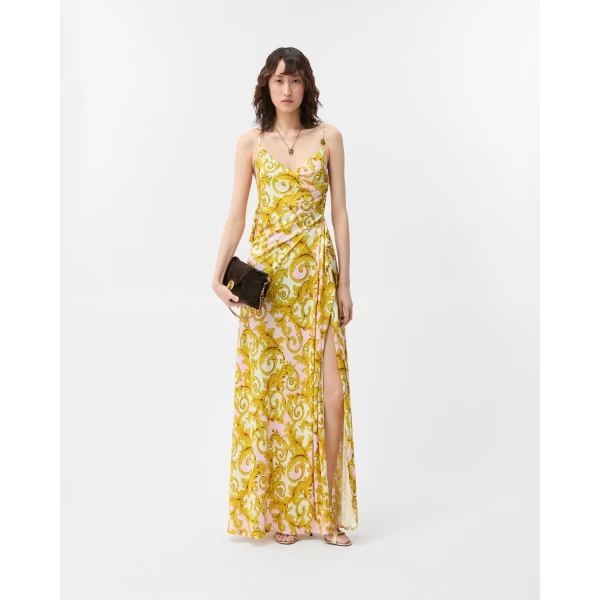 Versace Printed Viscose Jersey Gown in Yellow and Pink, view 2 | Evening Gowns