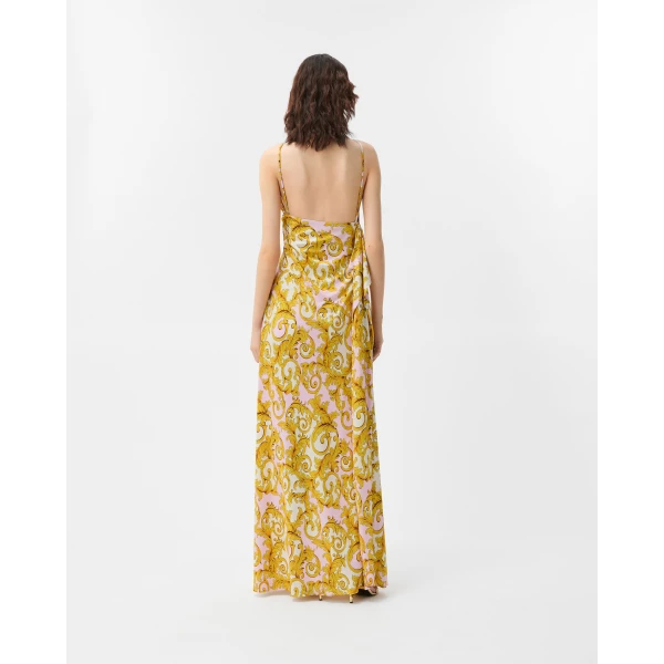Versace Printed Viscose Jersey Gown in Yellow and Pink, view 3 | Evening Gowns