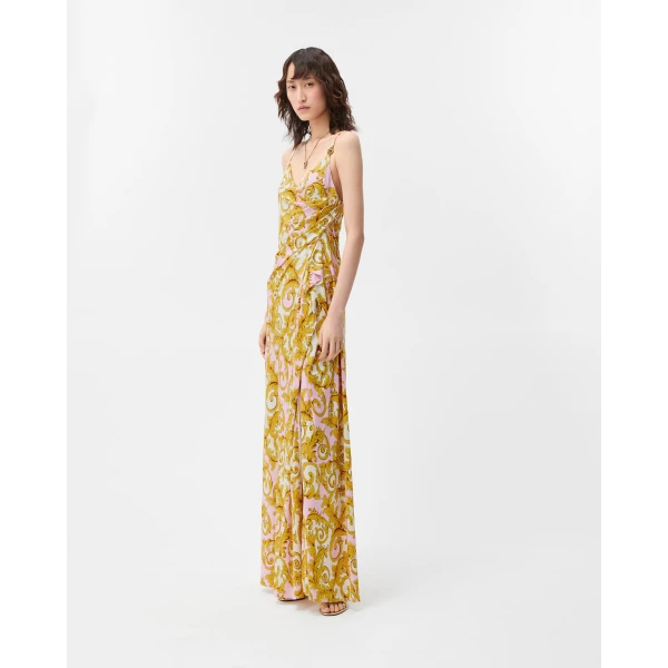 Versace Printed Viscose Jersey Gown in Yellow and Pink, view 4 | Evening Gowns
