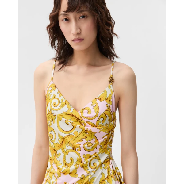 Versace Printed Viscose Jersey Gown in Yellow and Pink, view 5 | Evening Gowns