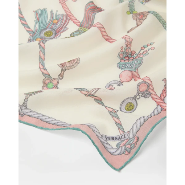 Versace Printed Wool and Silk Shawl 140 cm in White and Hangin' Out Print, view 2 | Scarves