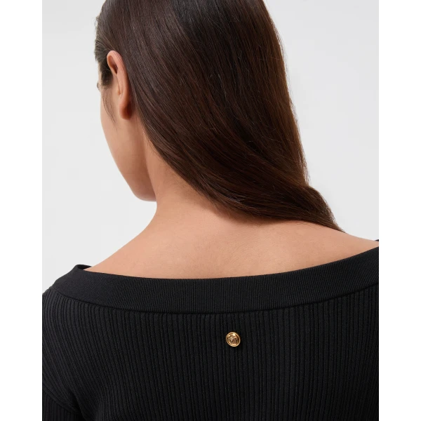 Versace Ribbed Knit Midi Dress in Black, view 5 | Midi Dresses