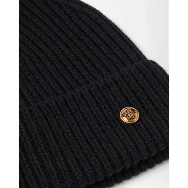 Versace Ribbed Wool Knit Beanie in Black, view 2 | Hats