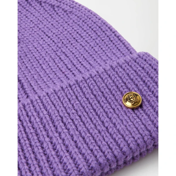 Versace Ribbed Wool Knit Beanie in Purple, view 2 | Hats